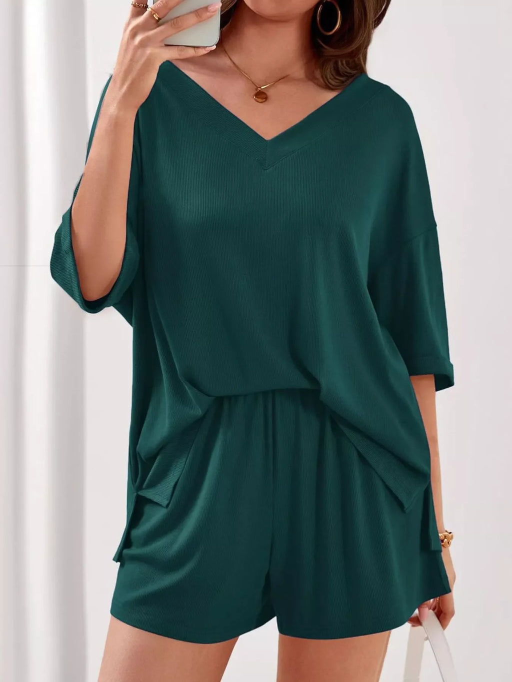 Casual Solid Color V-Neck Top & Shorts Set