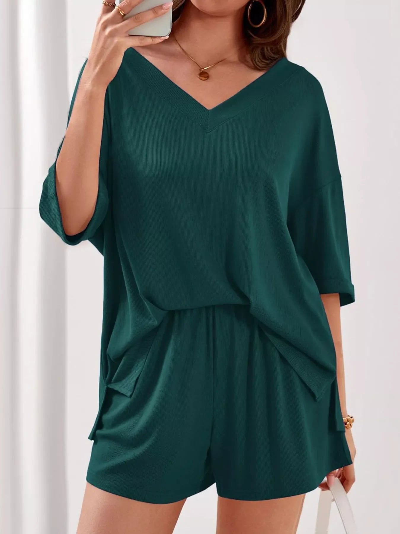Casual Solid Color V-Neck Top & Shorts Set