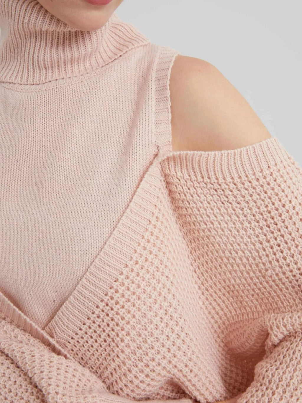 Waffle Knit Cold Shoulder Turtleneck Sweater