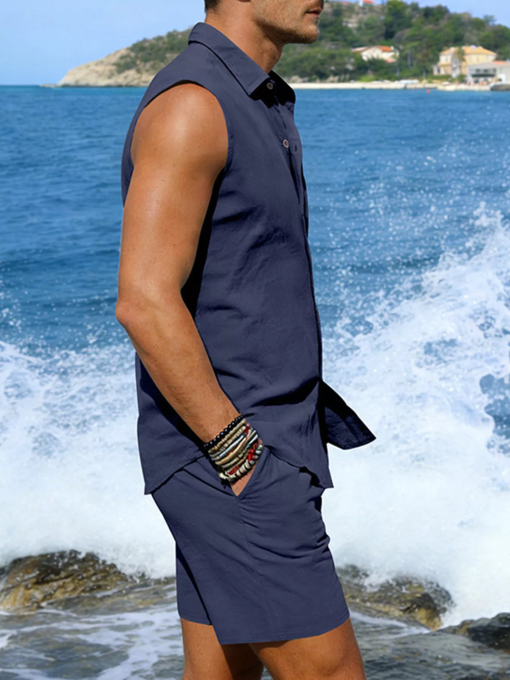 Men's Full Size Button Up Sleeveless Top and Shorts Plus Size