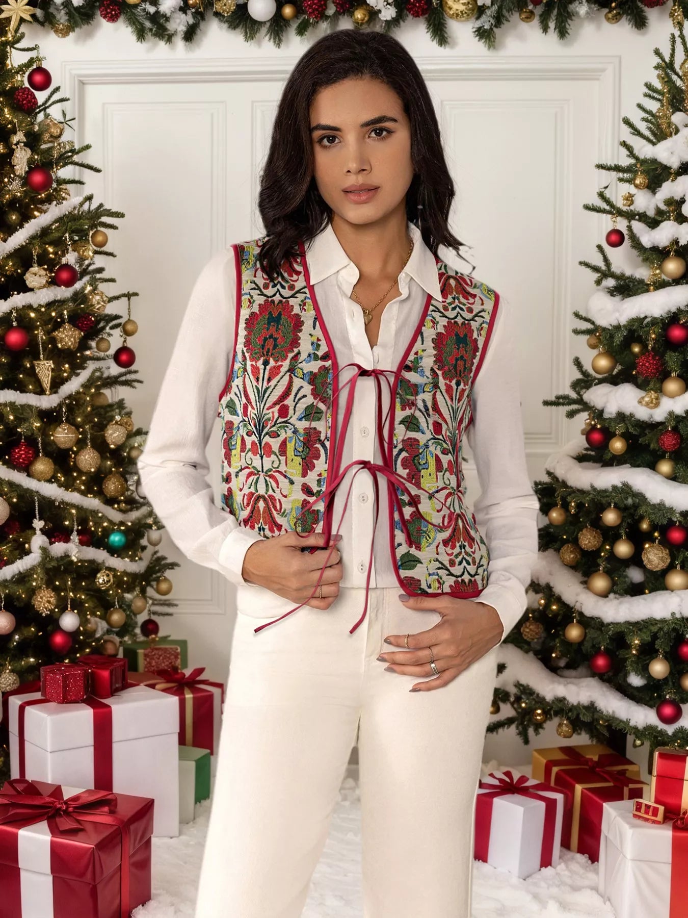 Floral Embroidered Tie-Front Vest Coat