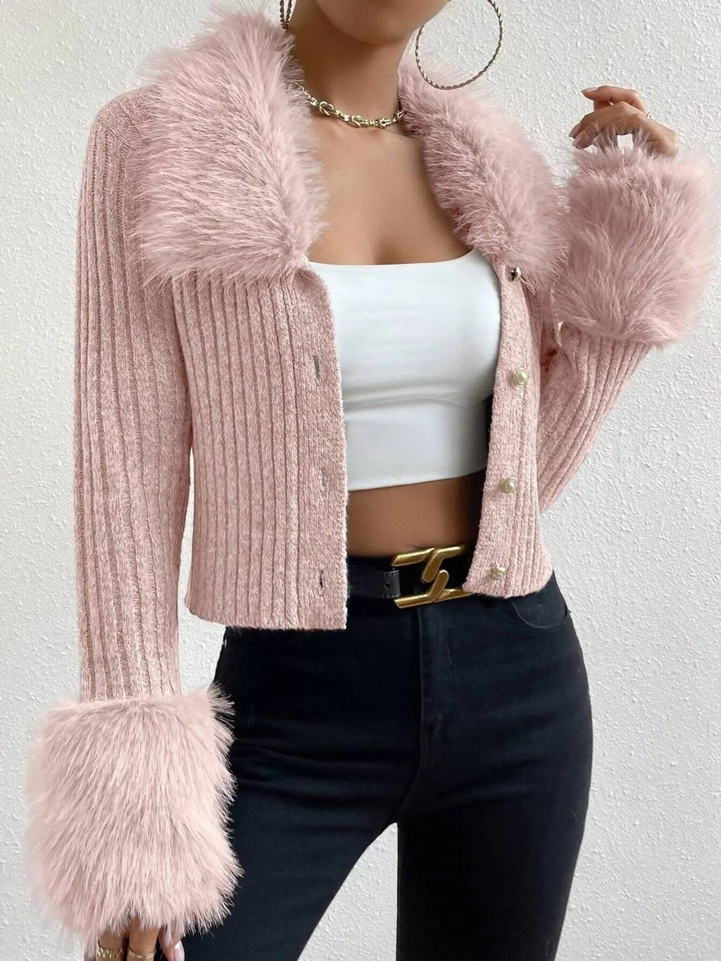 Faux Fur Trim Ribbed Knit Cropped Cardigan