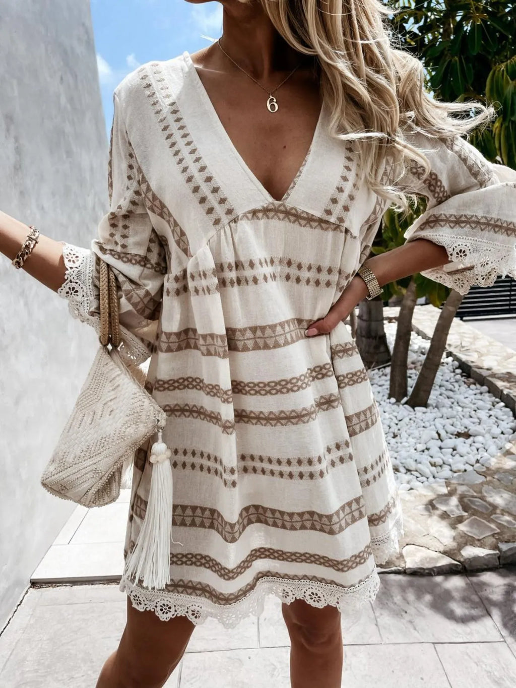 V-Neck Lace Trim Striped Babydoll Dress