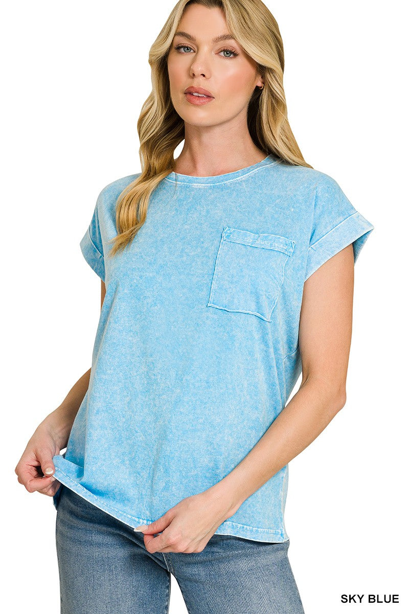 Zenana Halo Snow Washed Cuffed Short Sleeve Tee