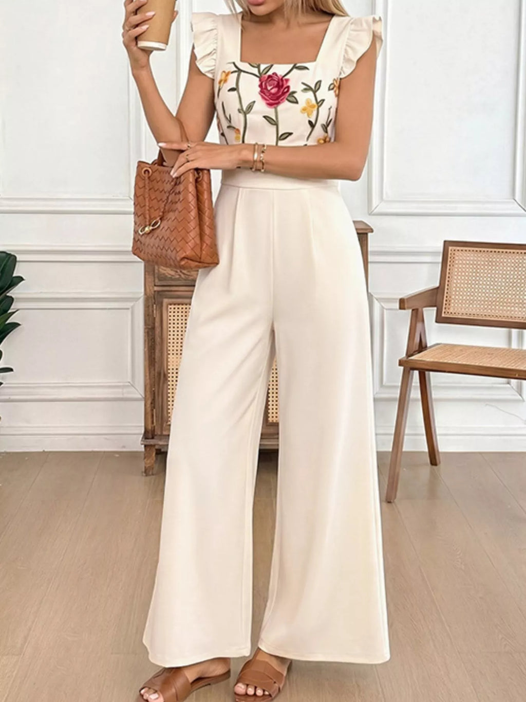 Floral Embroidered Ruffle Trim Jumpsuit