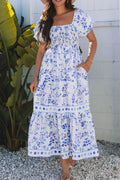Smocked Printed Square Neck Puff Sleeve Dress