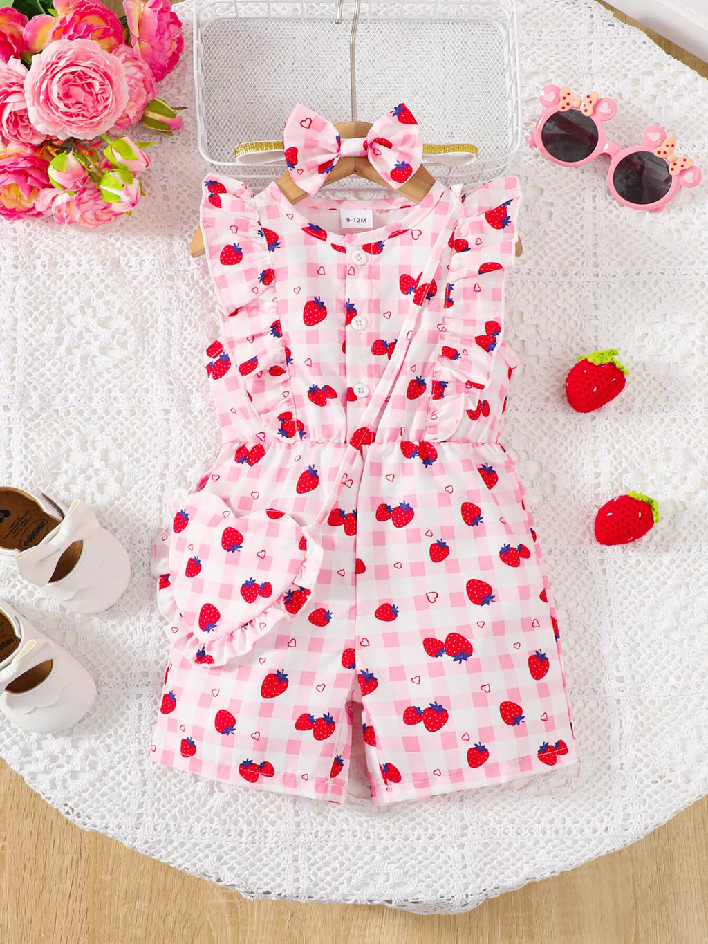 Children's Strawberry Print Ruffle Trim Jumpsuit & Headband Set