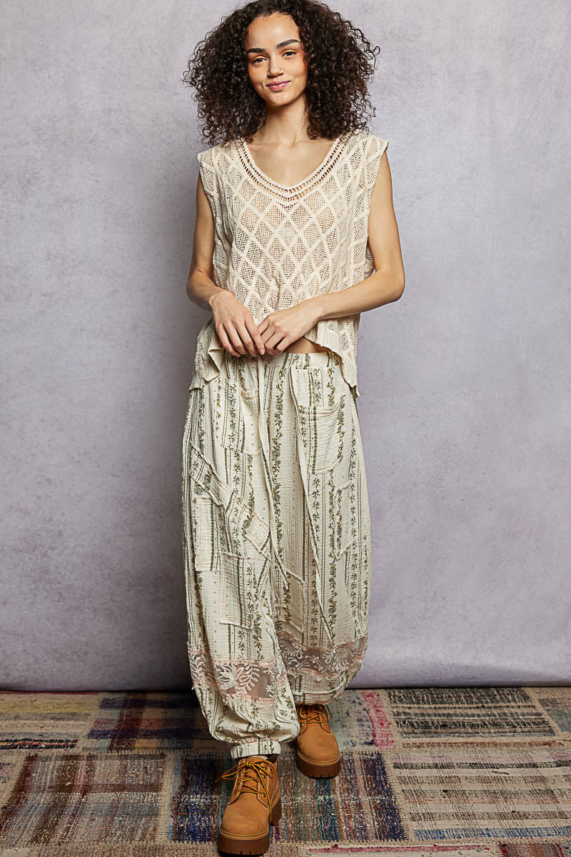 POL V-Neck Crochet Tank with Diamond Weave Knit Patterns