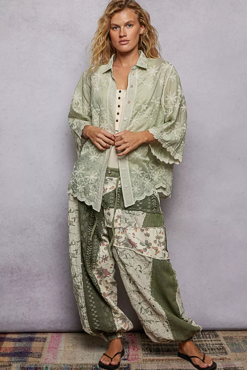 POL Embroidered Floral Collared Neck Shirt with Scalloped Edges