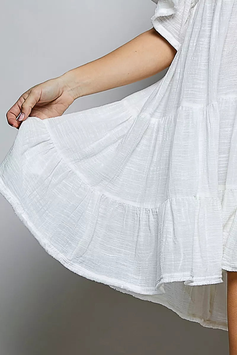 POL Cotton Ruffle Shirred V-Neck Short Sleeve Dress