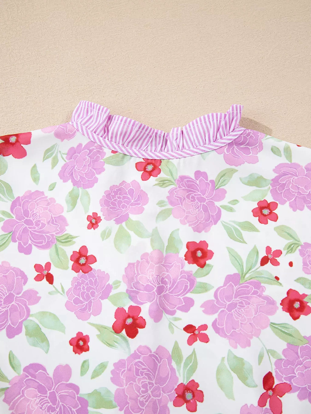 Floral Print Striped Trim Frilled Neck 3/4 Sleeve Flared Mini Dress