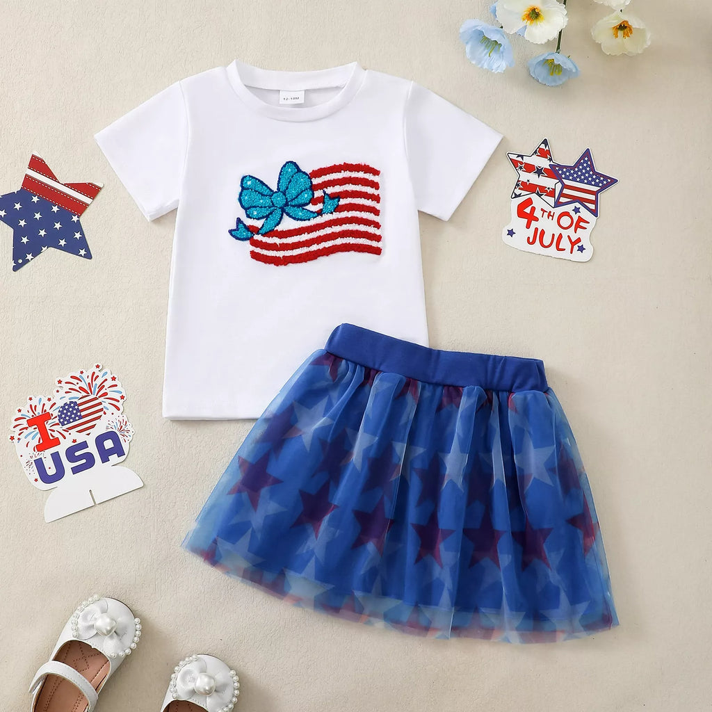 Children's American Flag Bow Tee and Tulle Skirt Set