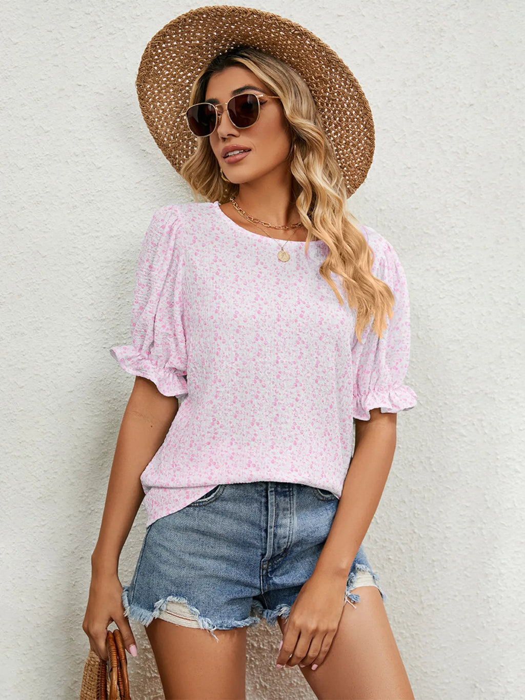 Printed Puff Sleeve Casual Blouse