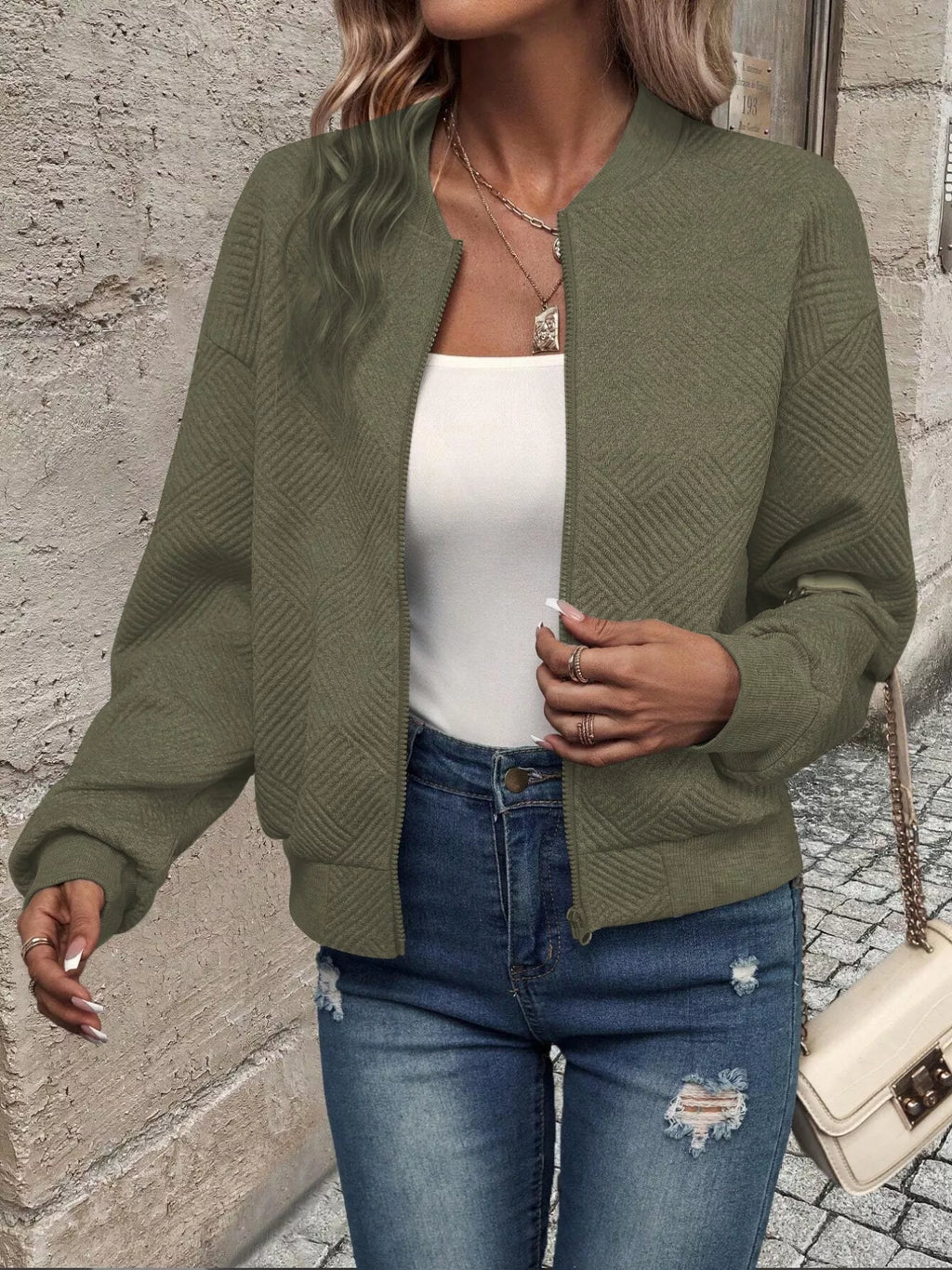 Zip-Up Textured Long Sleeve Jacket