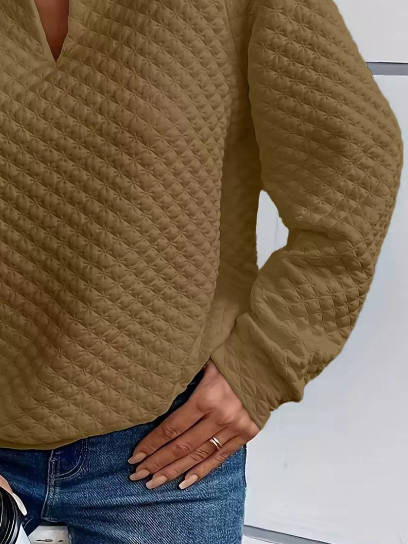 Textured Notched Raglan Sleeve Sweatshirt