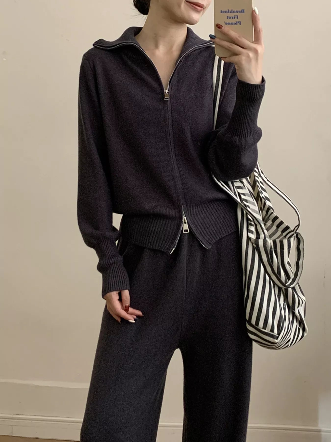 Zip Up Outerwear and Wide Leg Pants Set