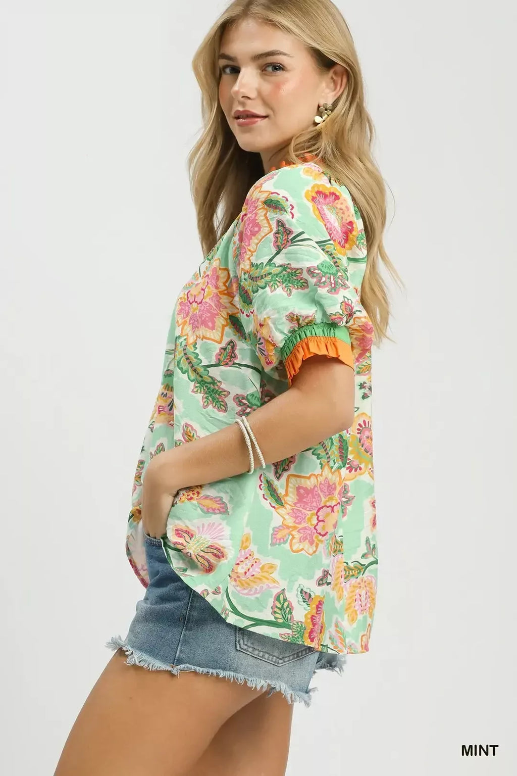 Umgee Floral Print Ruffled Short Sleeve Top
