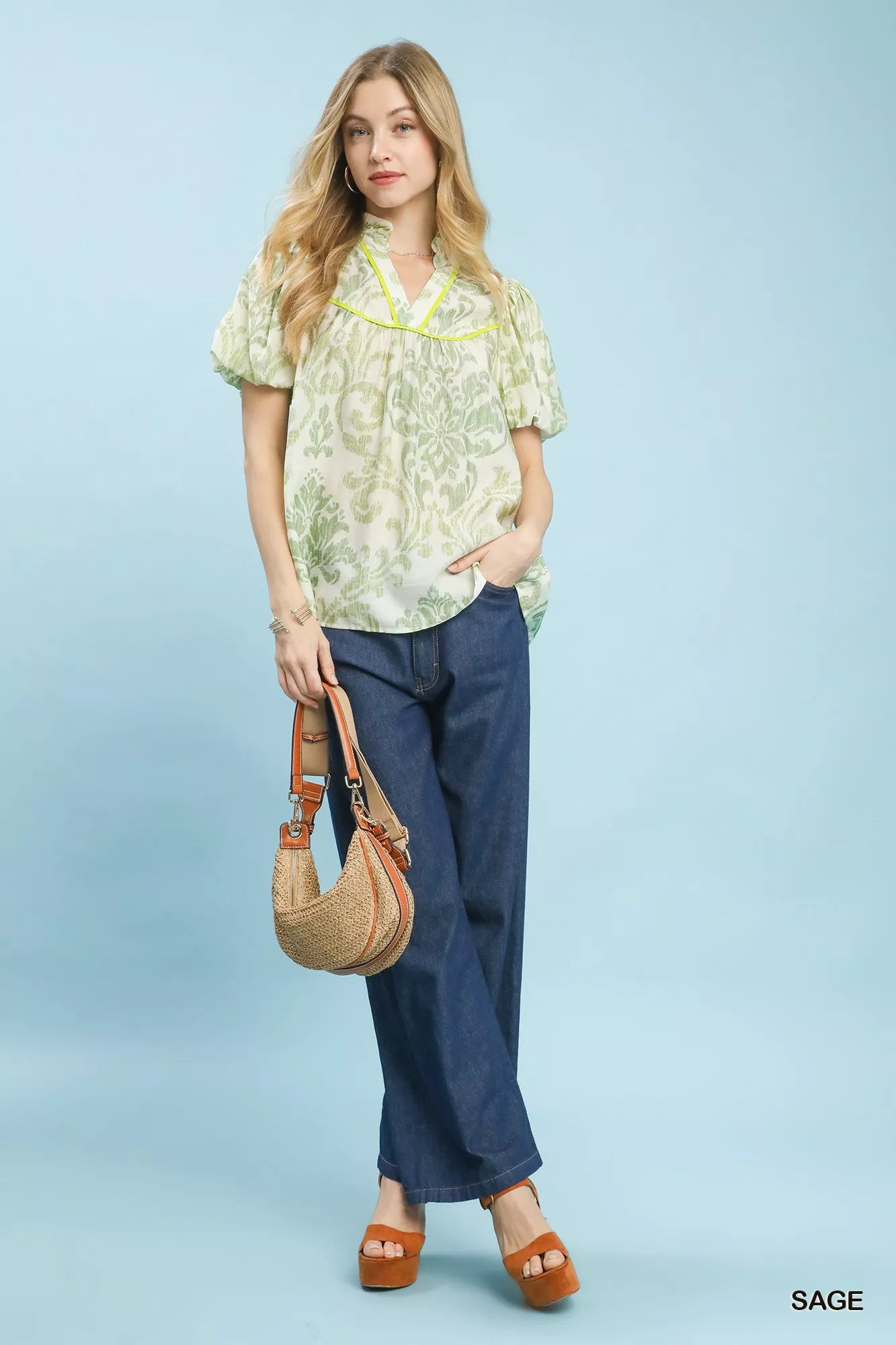 Umgee Damask Puff Sleeve Top