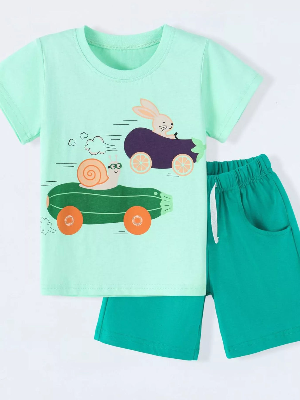 Children's Animal Race Round Neck Tee and Shorts Set