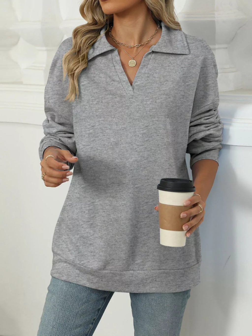 Johnny Collar Drop Shoulder Long Sleeve Sweatshirt