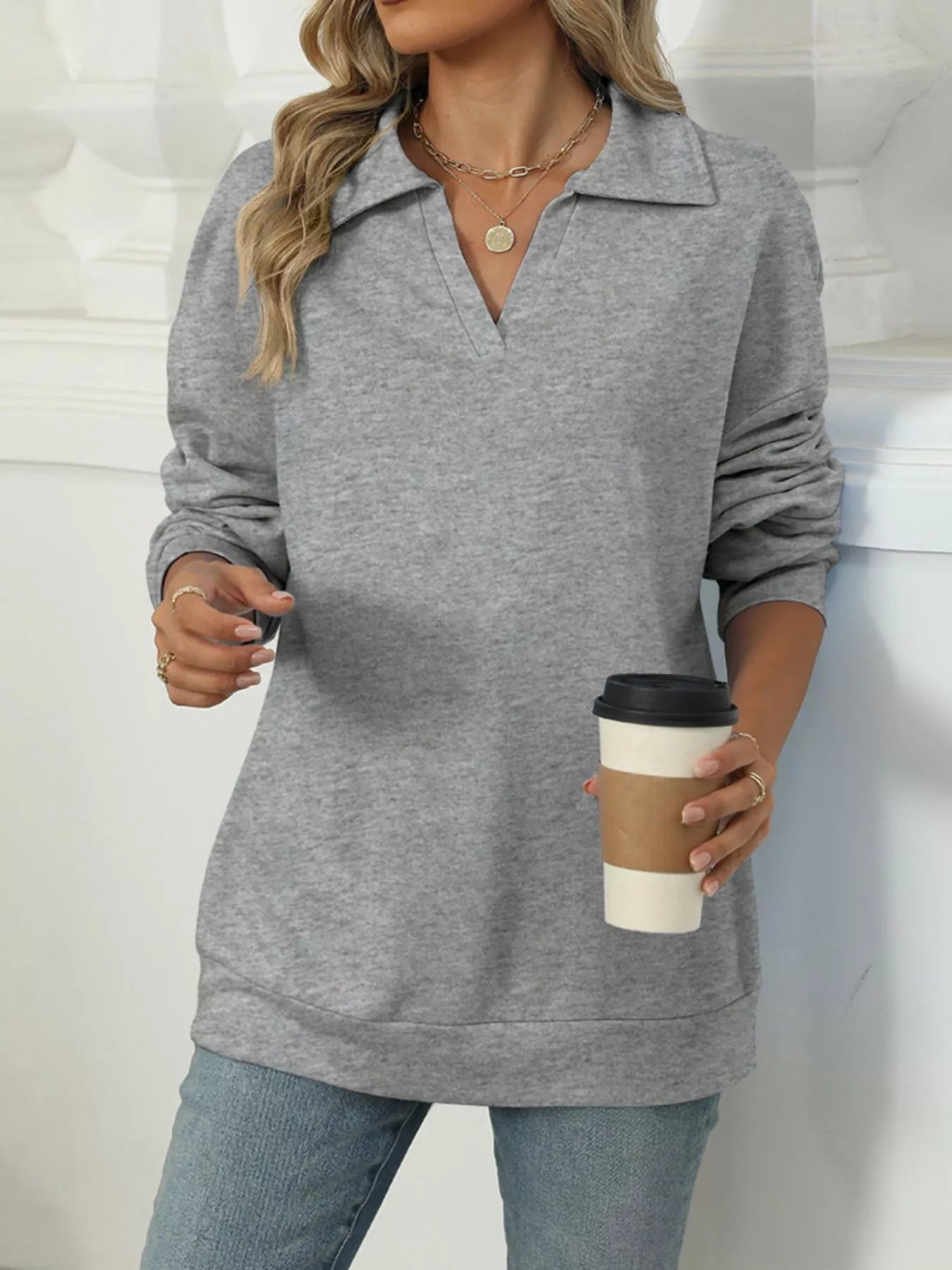 Johnny Collar Drop Shoulder Long Sleeve Sweatshirt