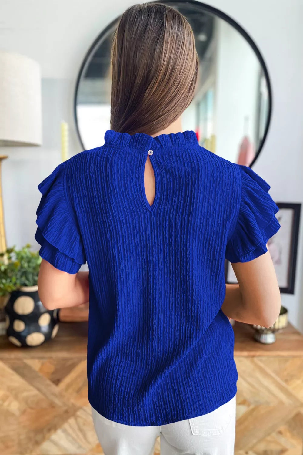 Solid Color Textured Ruffle Trim Short Sleeve Blouse