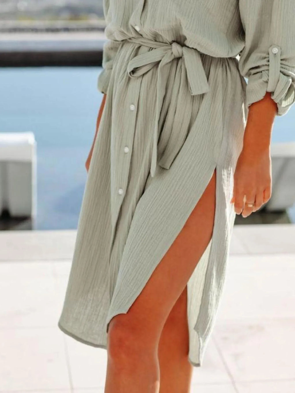 Button Down Tie Waist Shirt Dress