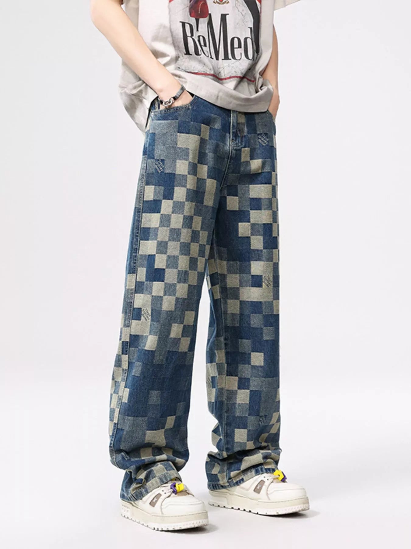 Men's Checkered Wide Leg Jeans