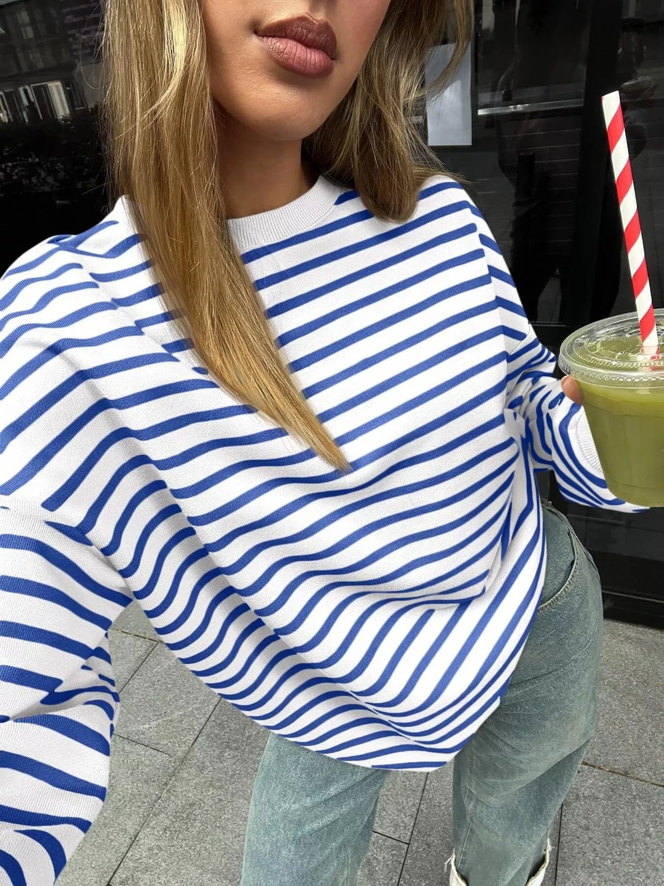Striped Round Neck Oversized Casual Sweatshirt