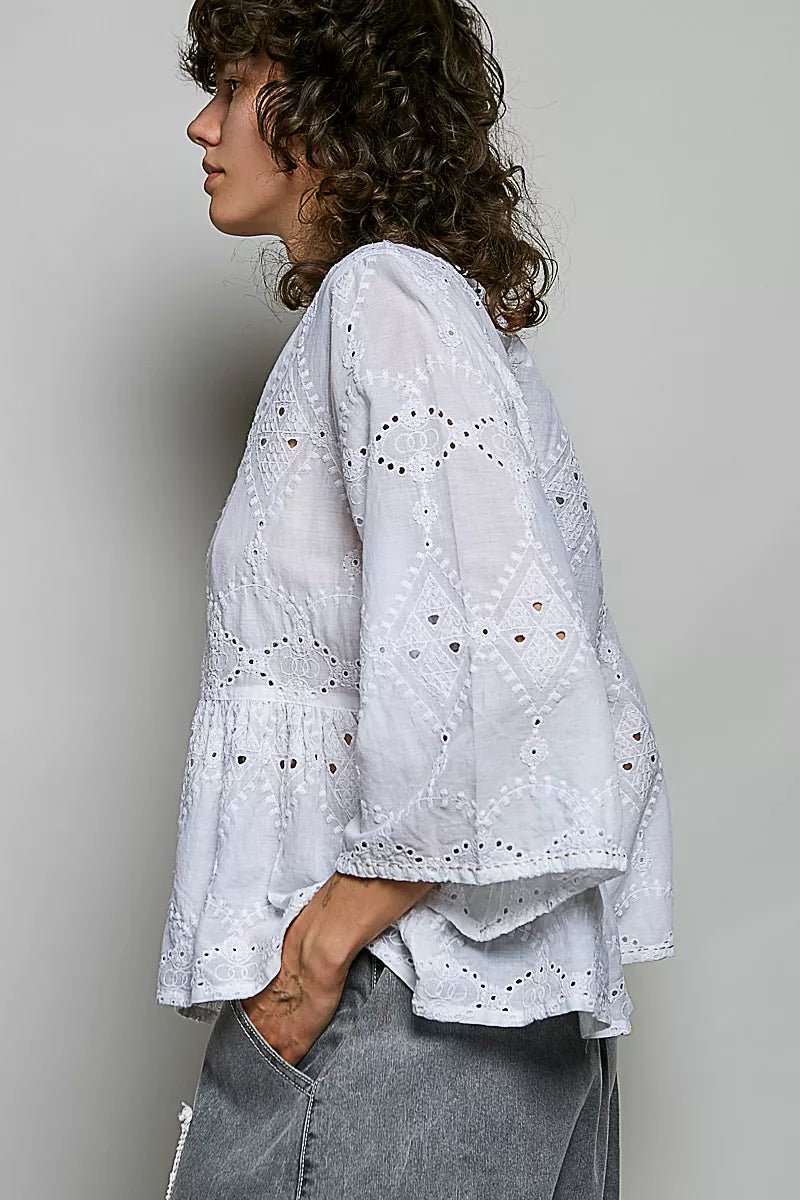 POL Eyelet Embroidery Peplum Button Front Cotton Shirt