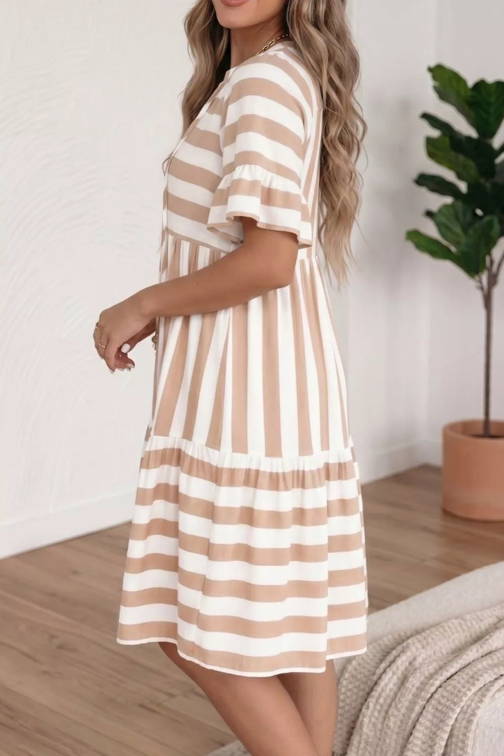 Stripe Tie V Neck Ruffle Trim Short Sleeve Flared Summer Dress
