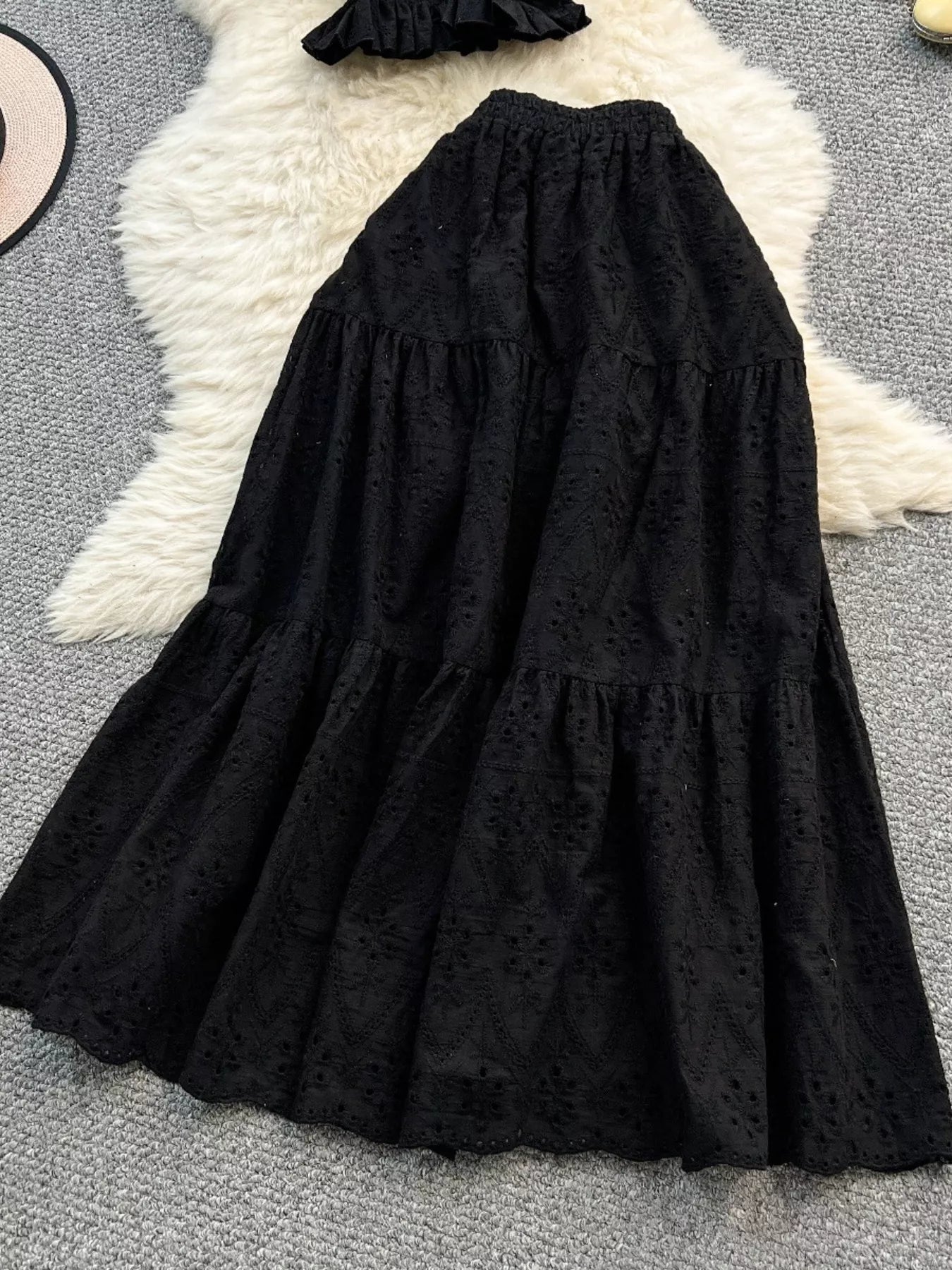 Smocked Crop Top and Hollow-Out Skirt Set