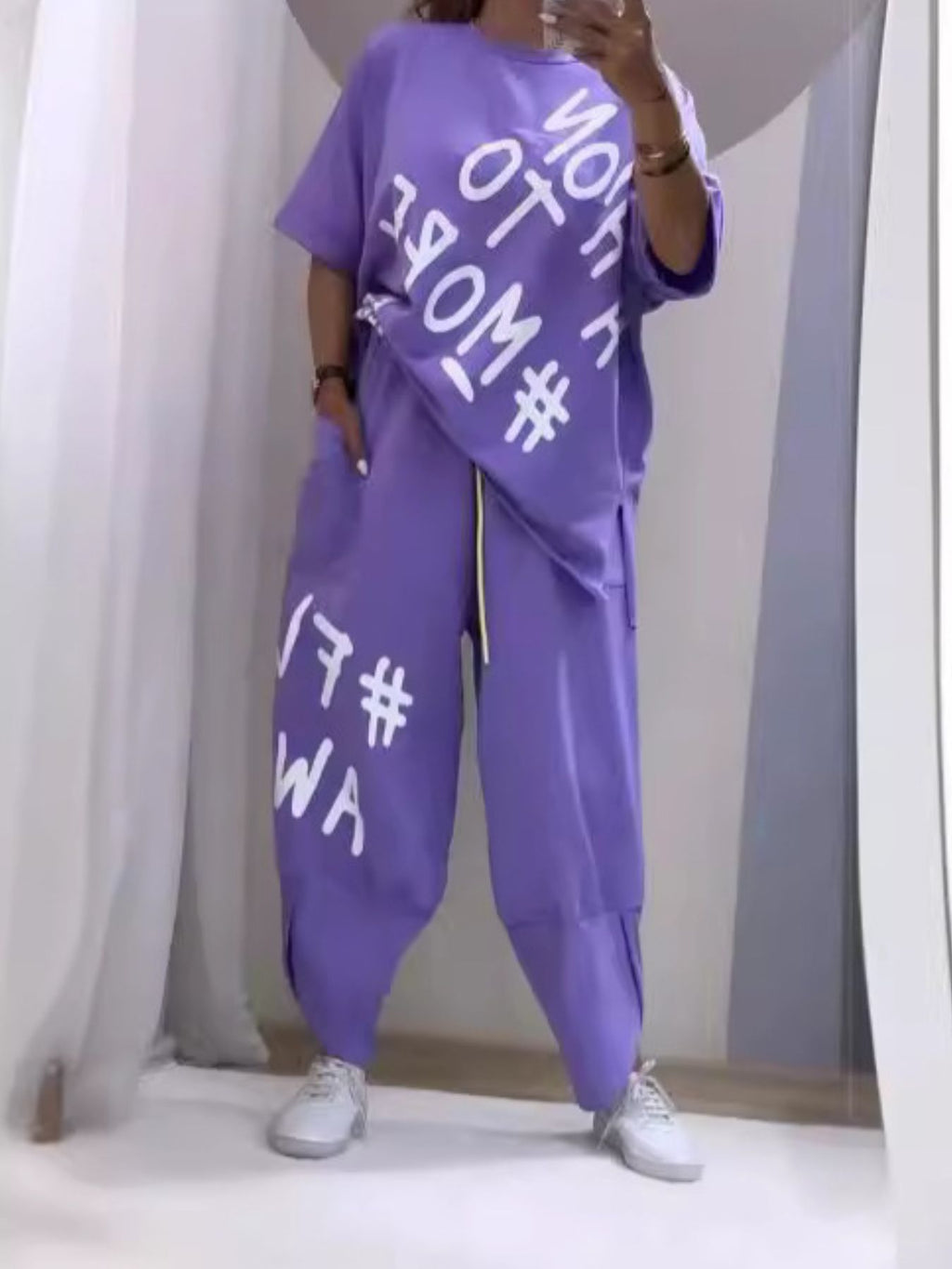 Full Size Letter Round Neck Tee and Drawstring Pants Set Plus Size