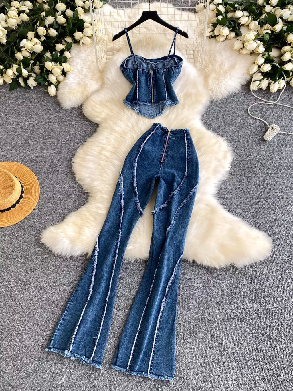 Raw Hem Denim Cami and Flare Jeans Set