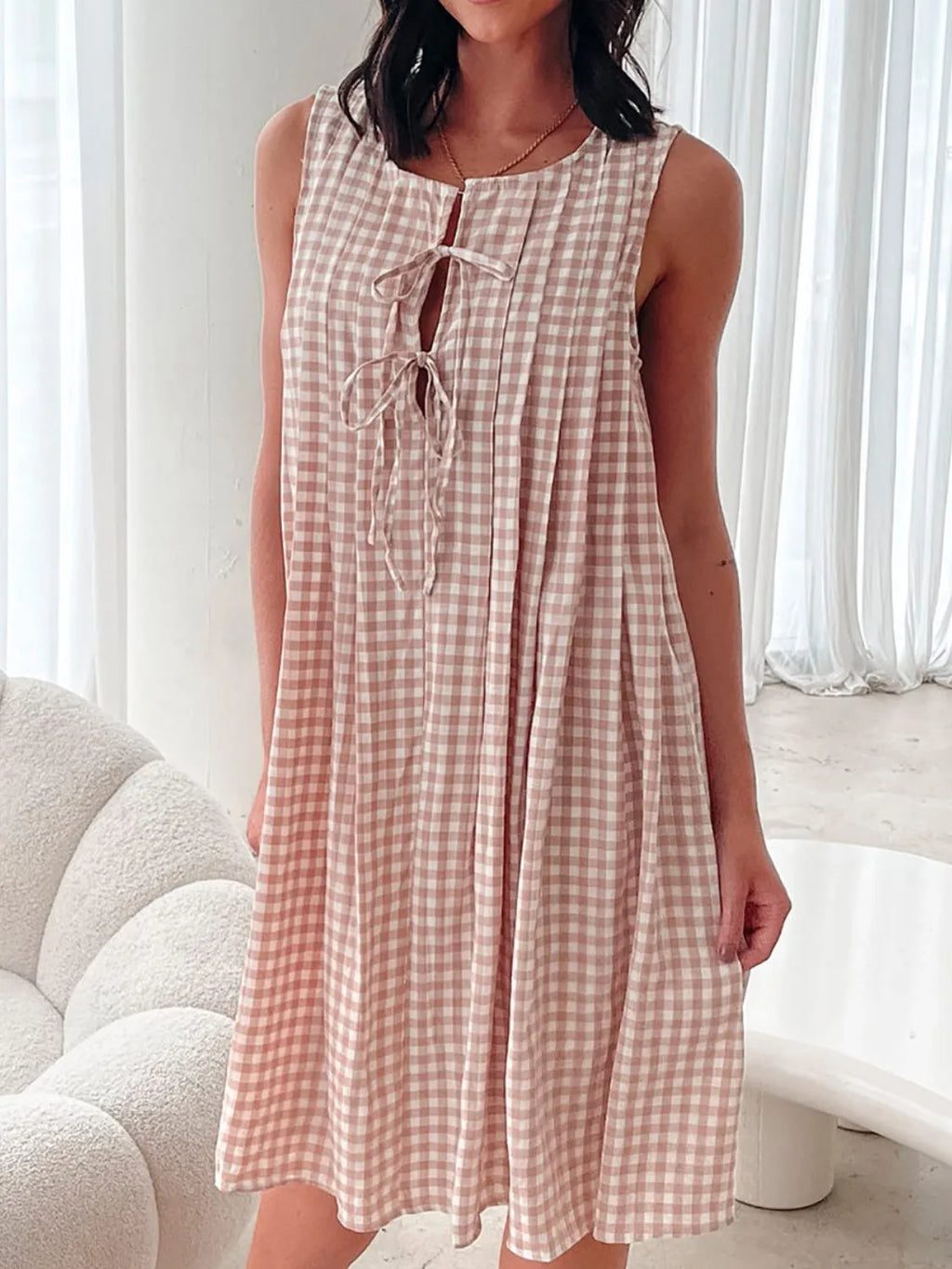Tied Front Sleeveless Plaid Dress