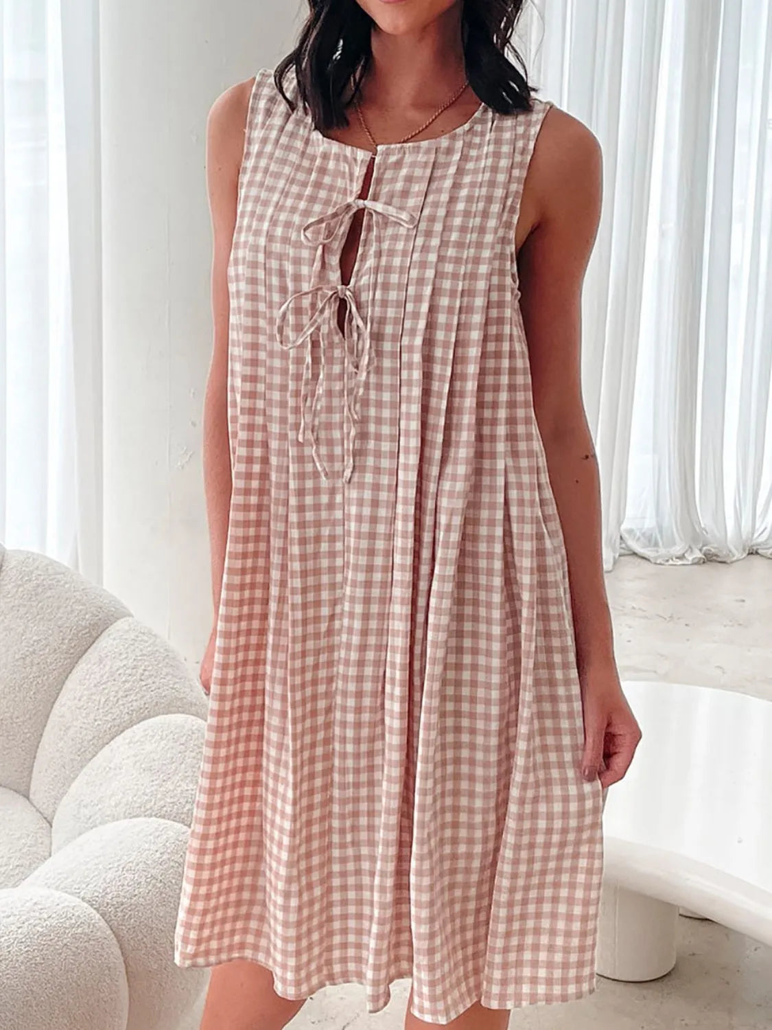 Tied Front Sleeveless Plaid Dress