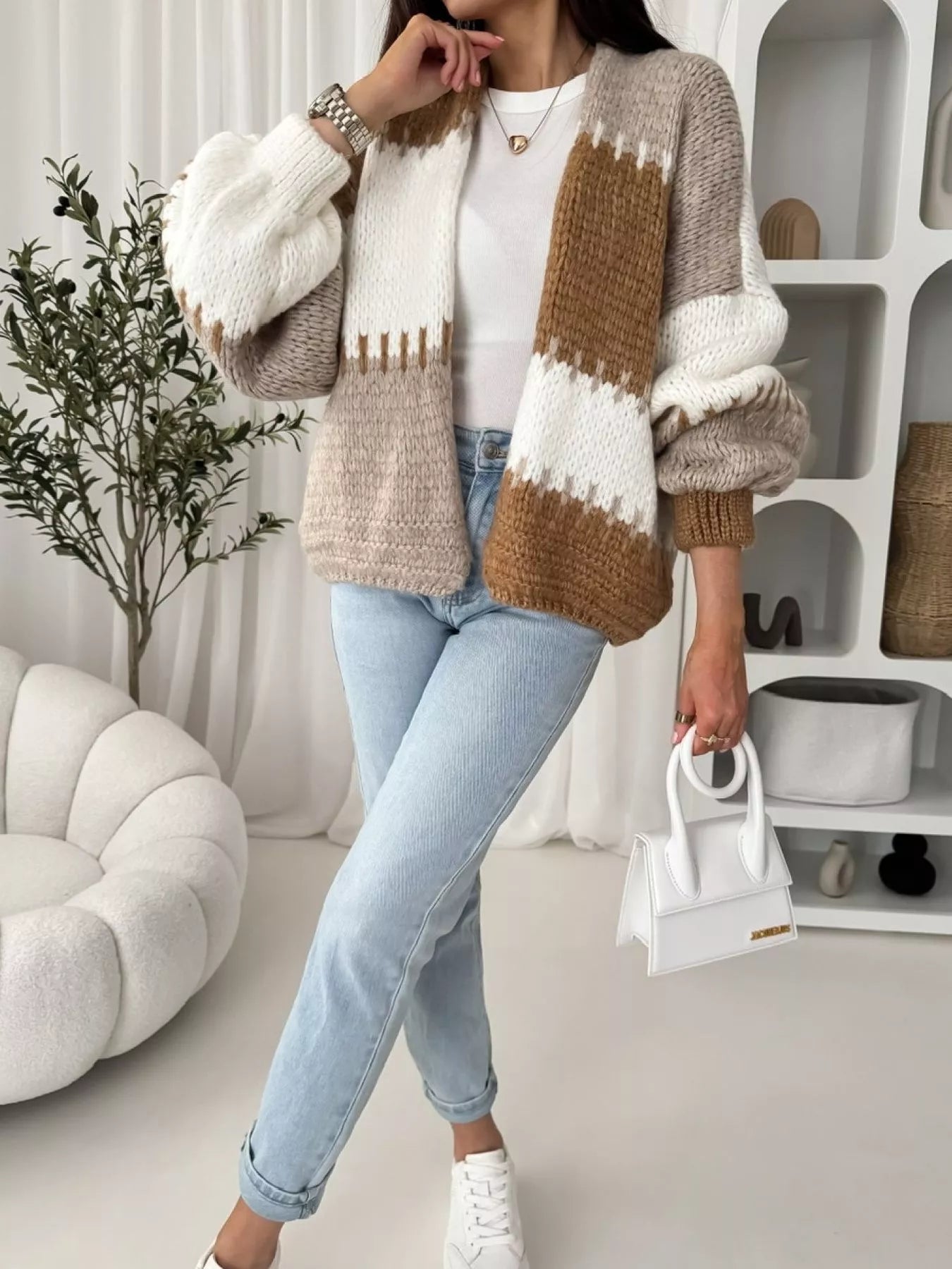 Color Block Open Front Cardigan