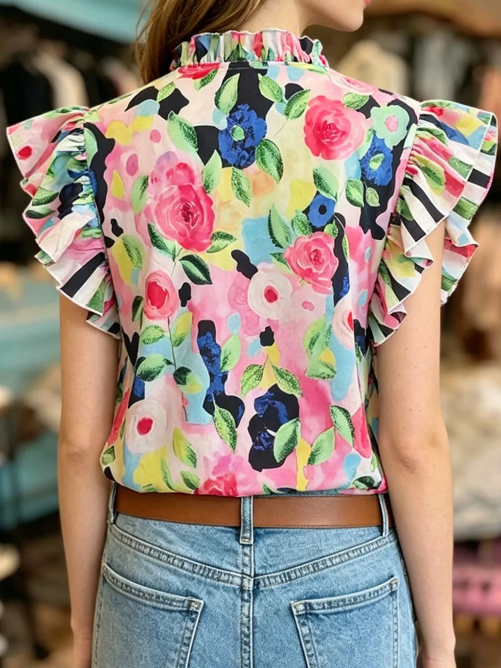 Printed Ruffle Sleeve Blouse