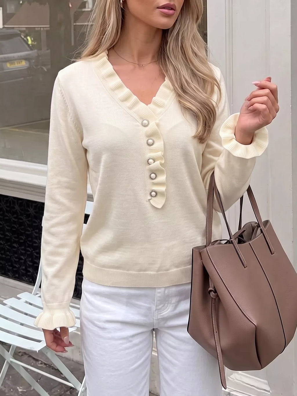 Ruffle Trim Pearl Button V-Neck Knit Top