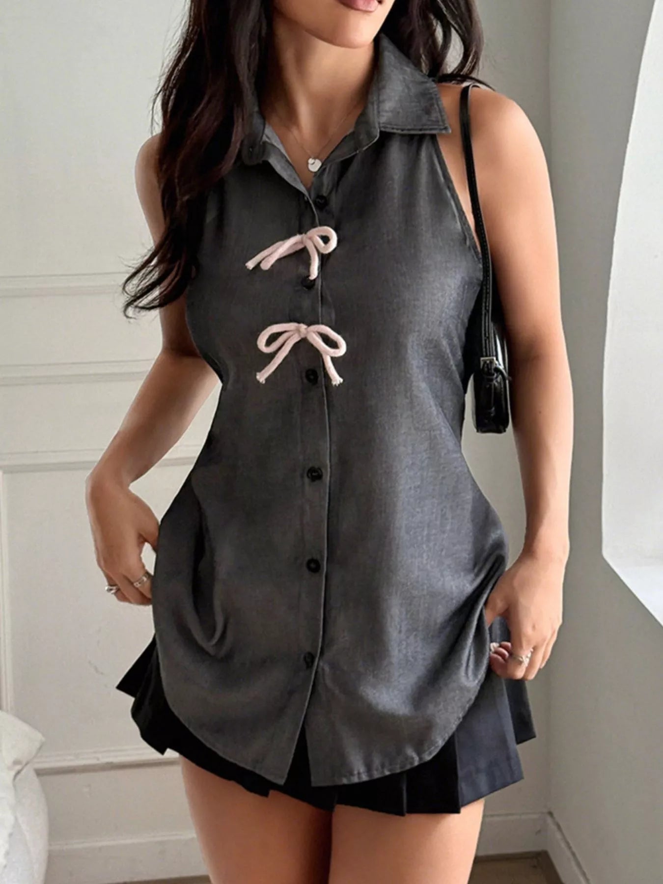 Button Down Sleeveless Shirt with Bowknot