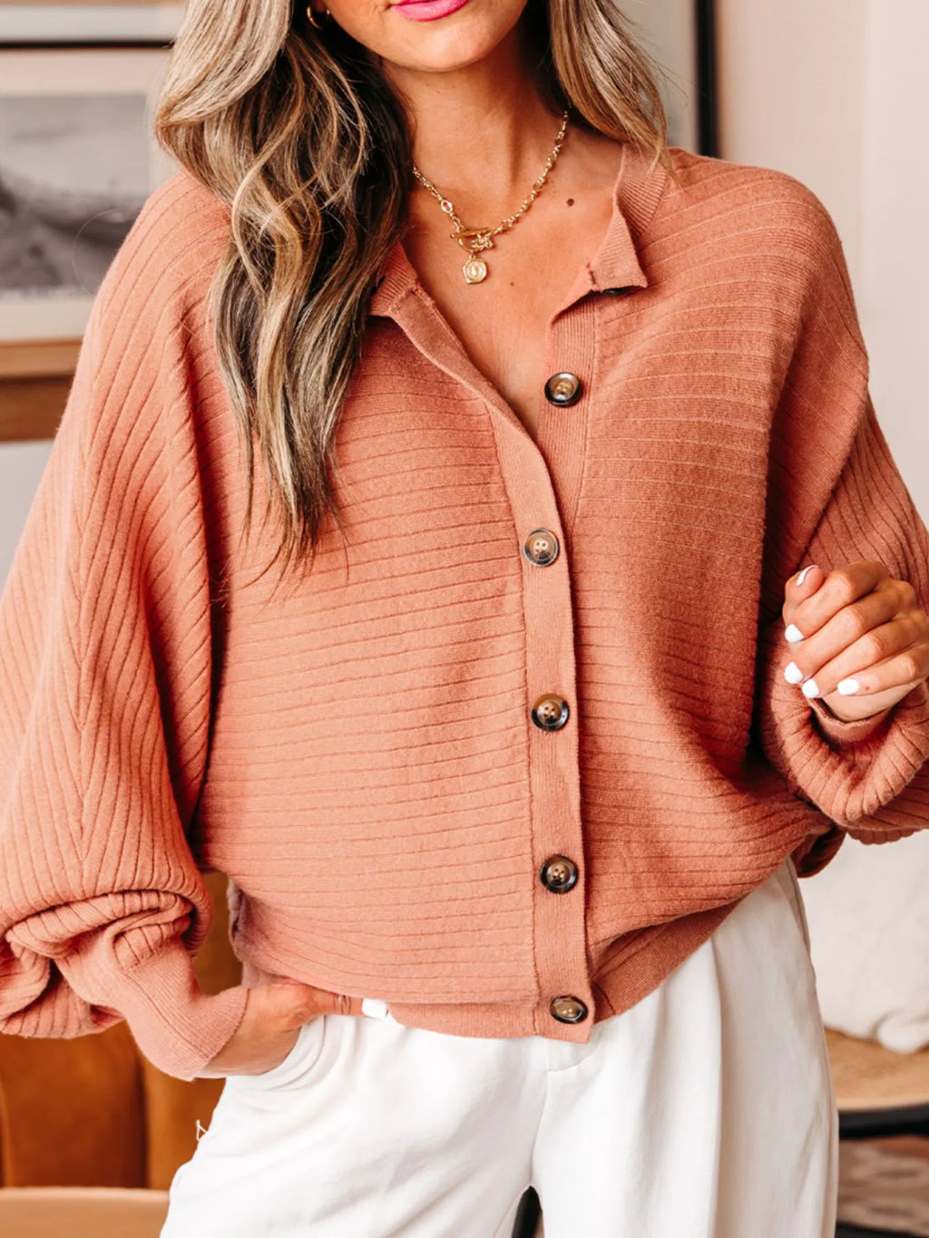 Rib Knit Button Front Dolman Sleeve Sweater Cardigan