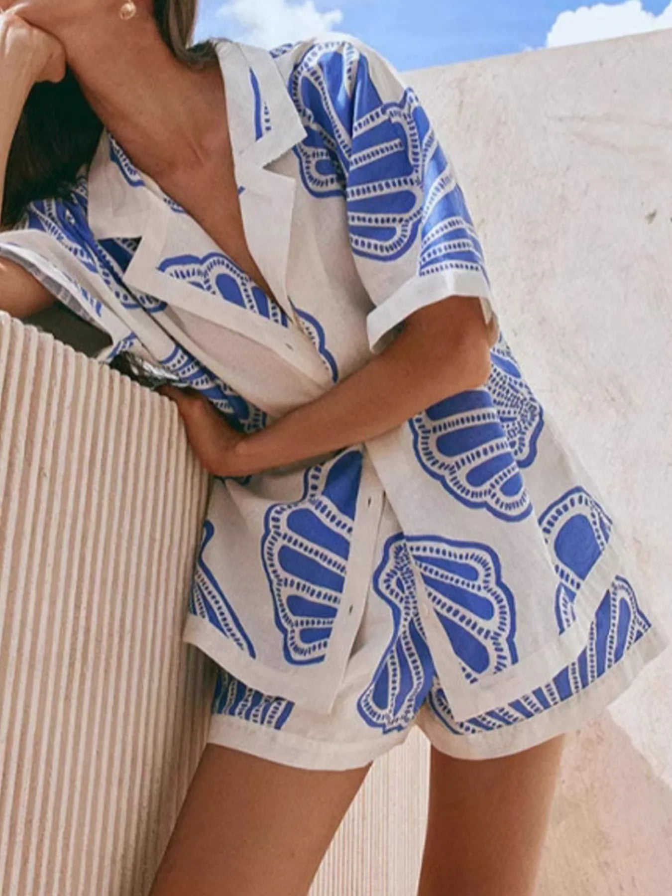 Printed Button Up Shirt and Shorts Set