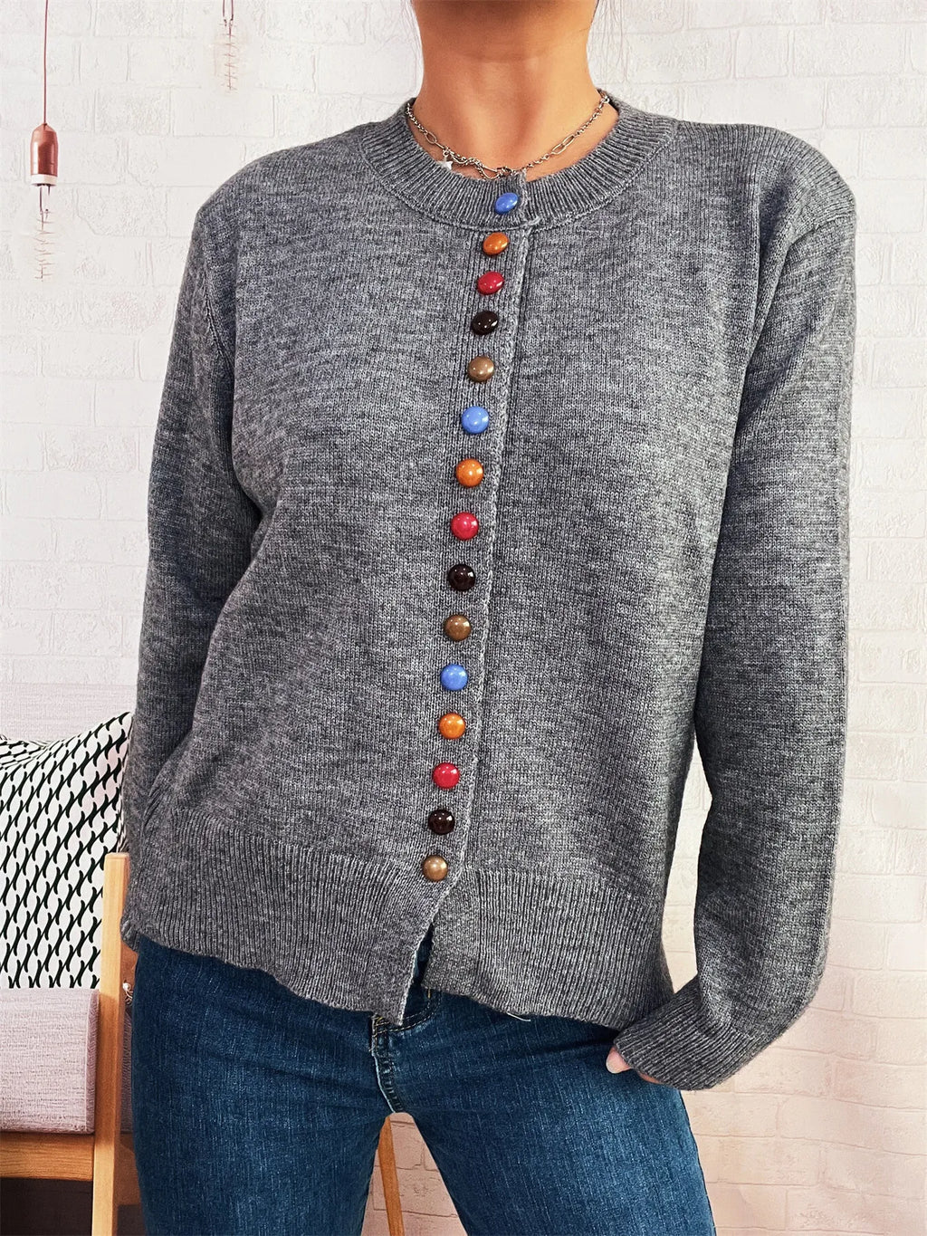 Button-Front Cardigan with Colorful Detail Buttons