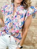 Floral Print Tie V Neck Contrast Detail Ruffle Short Sleeve Blouse