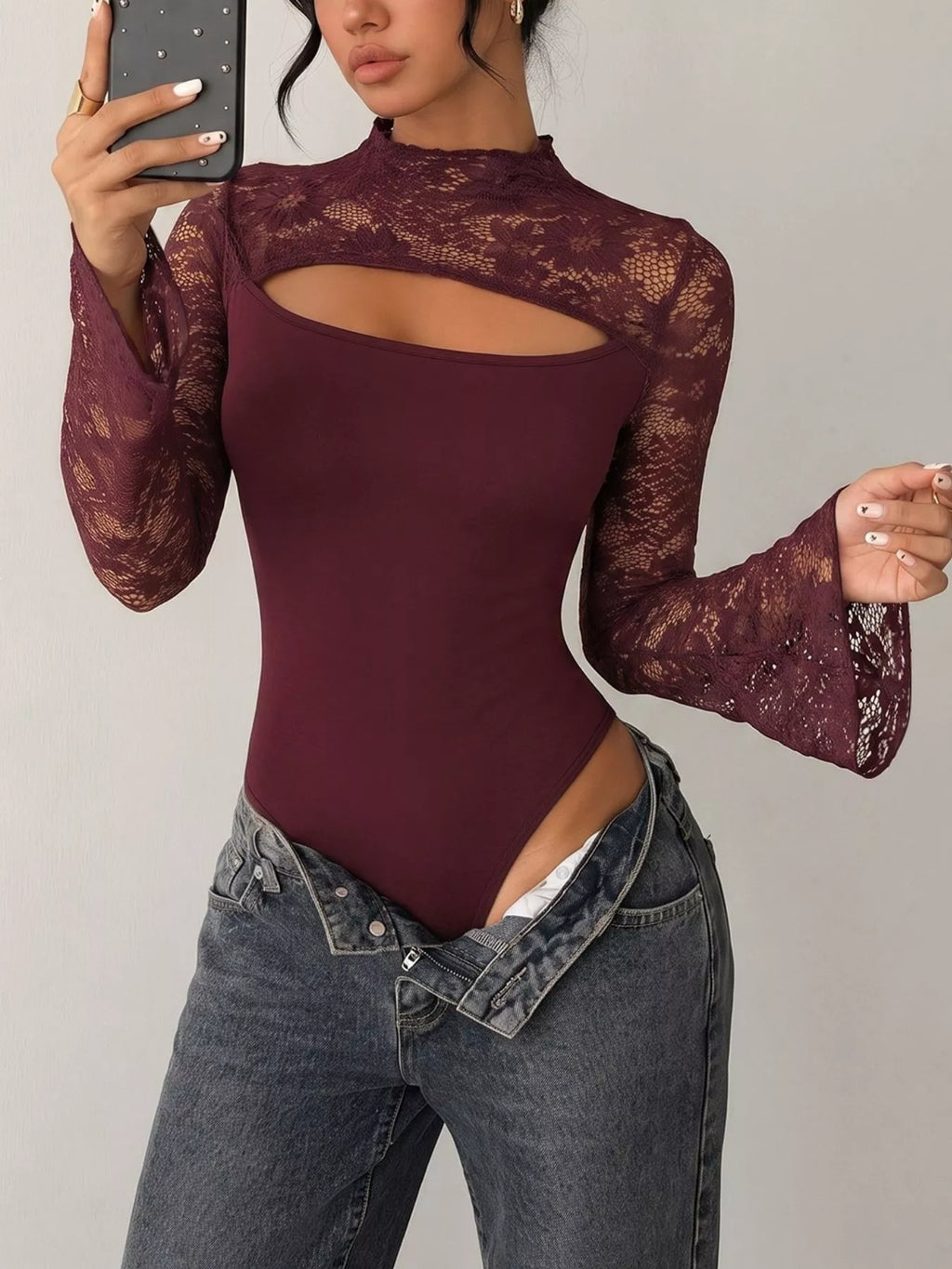 Lace Cut-out Flare Sleeve Bodysuit