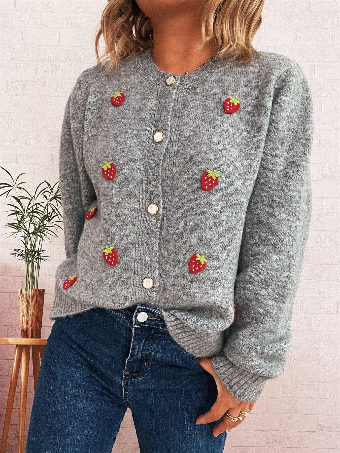 Strawberry Button Up Long Sleeve Cardigan