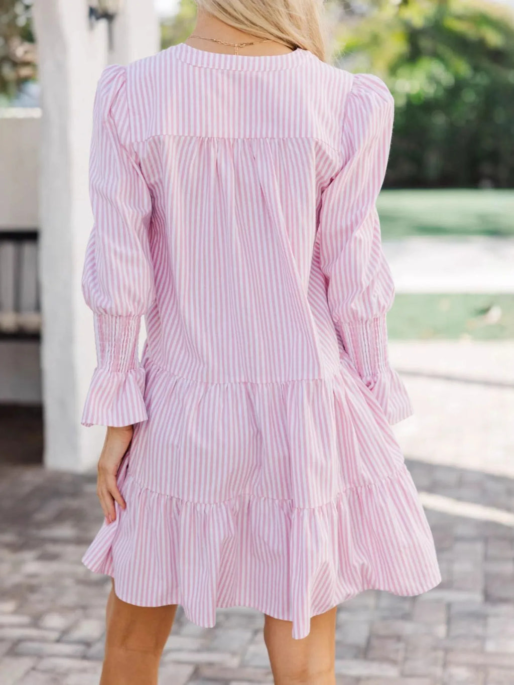 Striped Tiered Flounce Sleeve Shirt Dress
