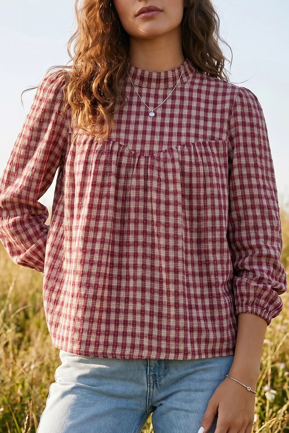 Country Plaid Long Sleeve Button Keyhole Pleated Loose Blouse