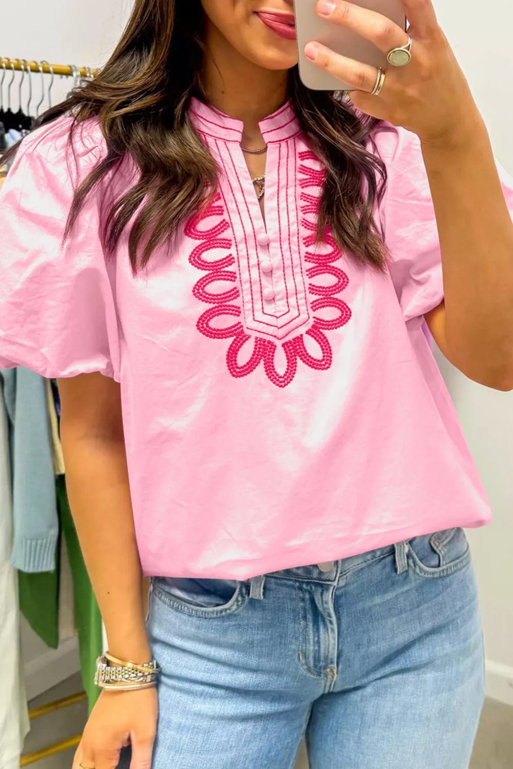 Embroidered Detail Puff Sleeve Cotton Blouse