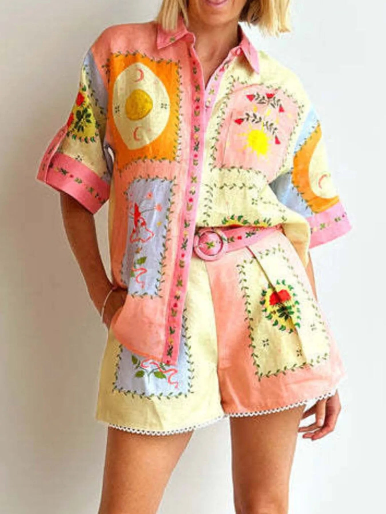 Printed Short Sleeve Shirt and Shorts Set